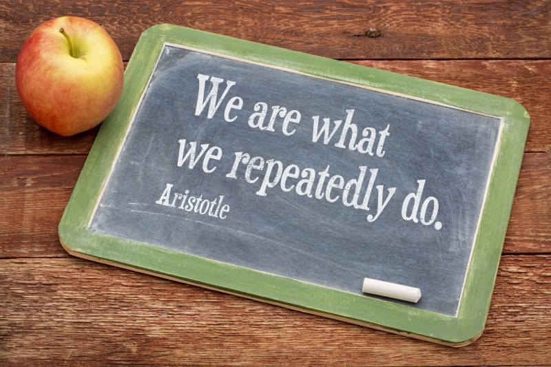 A slate next to an apple. The words on the slate say we are what we repeatedly do. Aristotle.