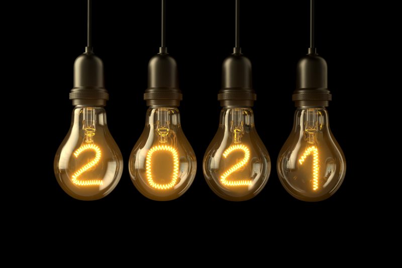 Four lightbulbs with one number in each which spells 2021