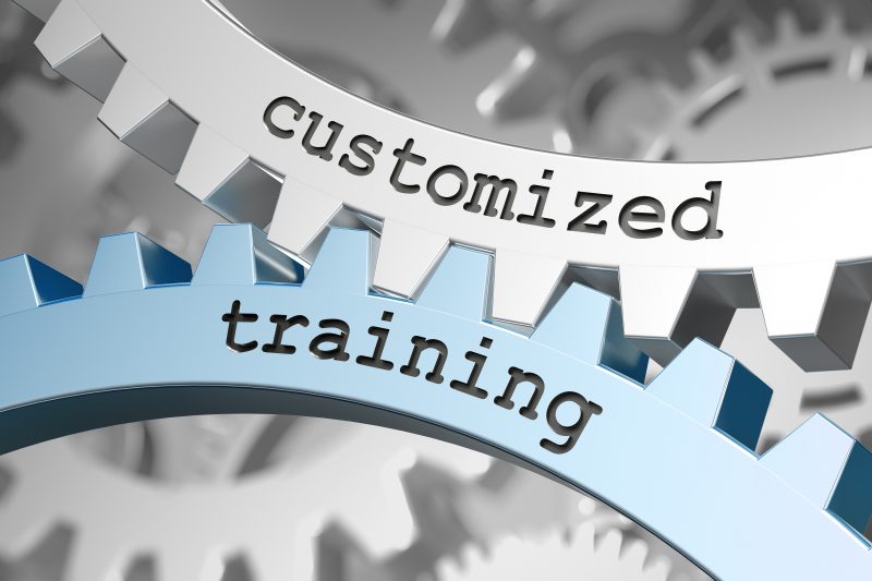 Two cogs together, one with the word customised and the other with the word training