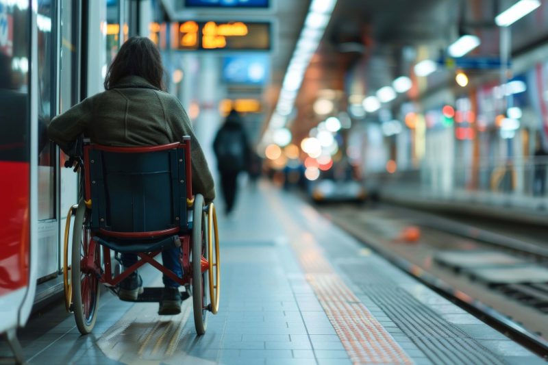 A person in a wheelchair waits at a train platform near the doors, highlighting mobility and diversity challenges in public transport systems