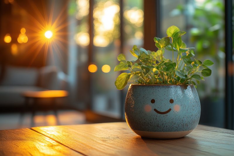 Ceramic plant pot with a smiling face in a sunlit room on a table with a plant growing from it