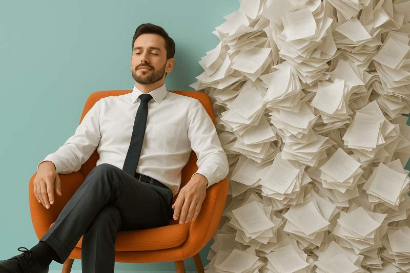 Man in a suit surrounded by papers, relaxing in an office chair