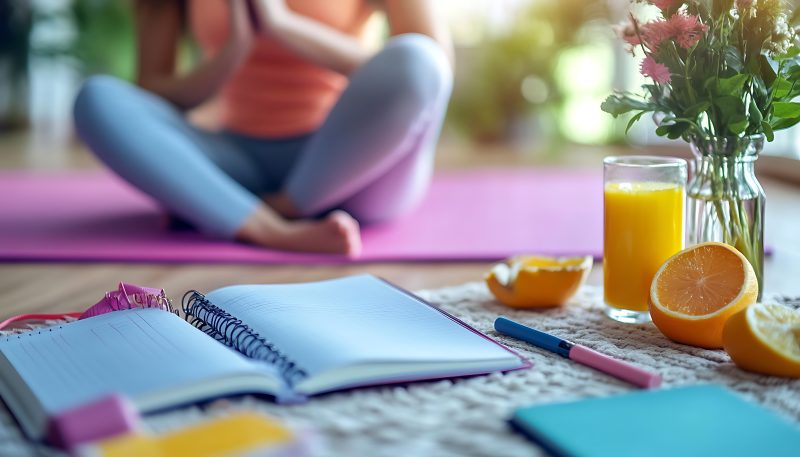 Notebook and pen on the floor in front of a person on a yoga mat next to orange juice.
